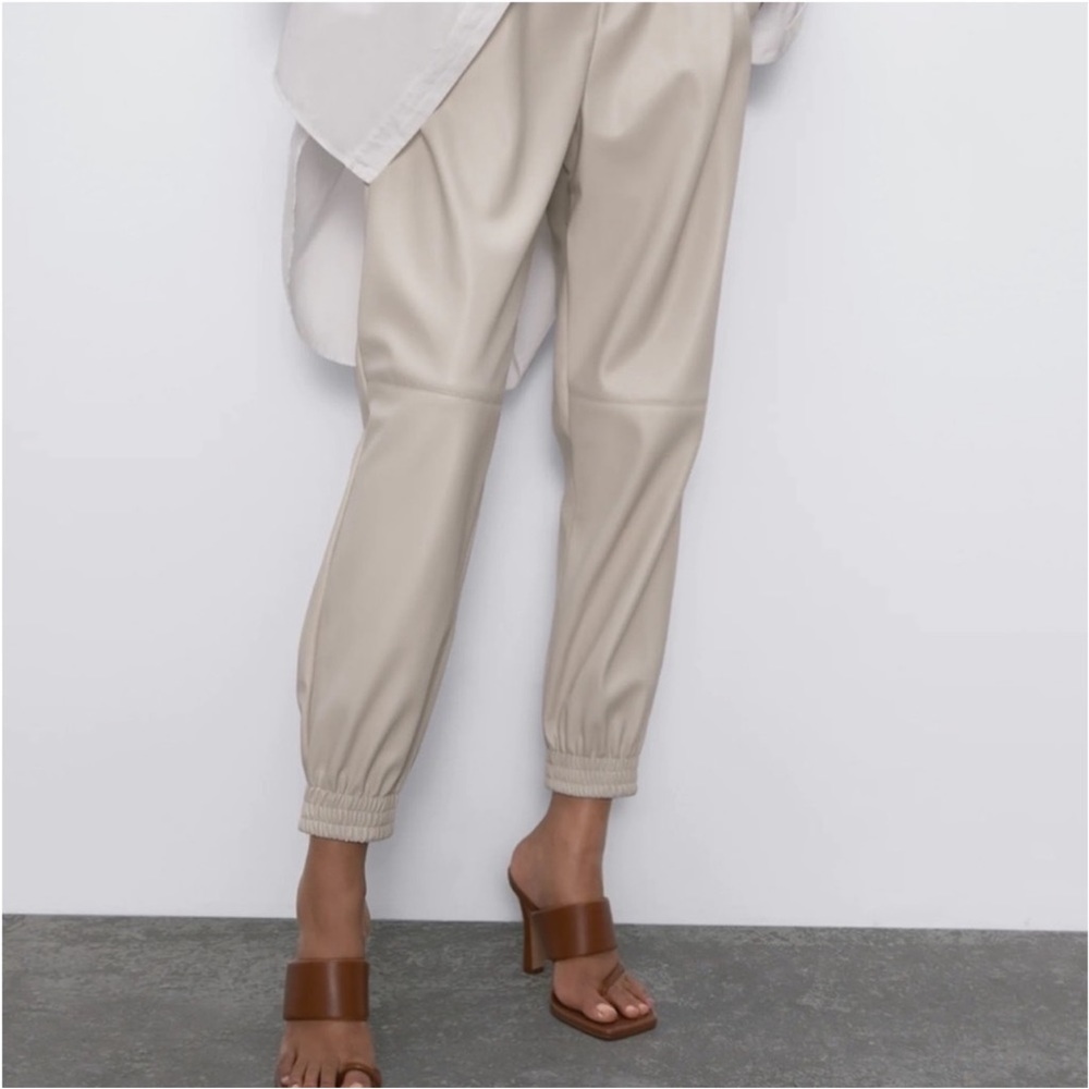 Zara Faux Leather Joggers in Ecru